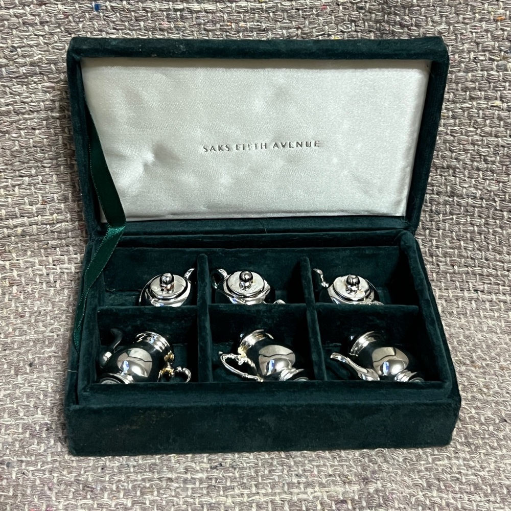 Vintage Saks Fifth Avenue Silverplate Teapot Place Name Card Holders~Set Of 6
